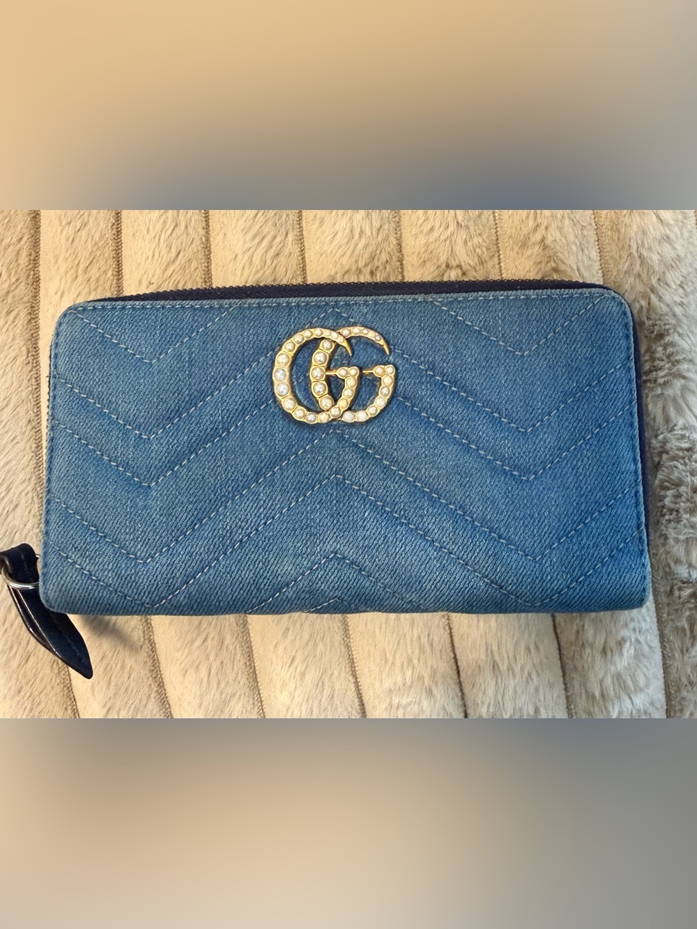 VGC/Excellent Authentic Gucci GG Marmont Pearly Denim Zip-Around Long Wallet!